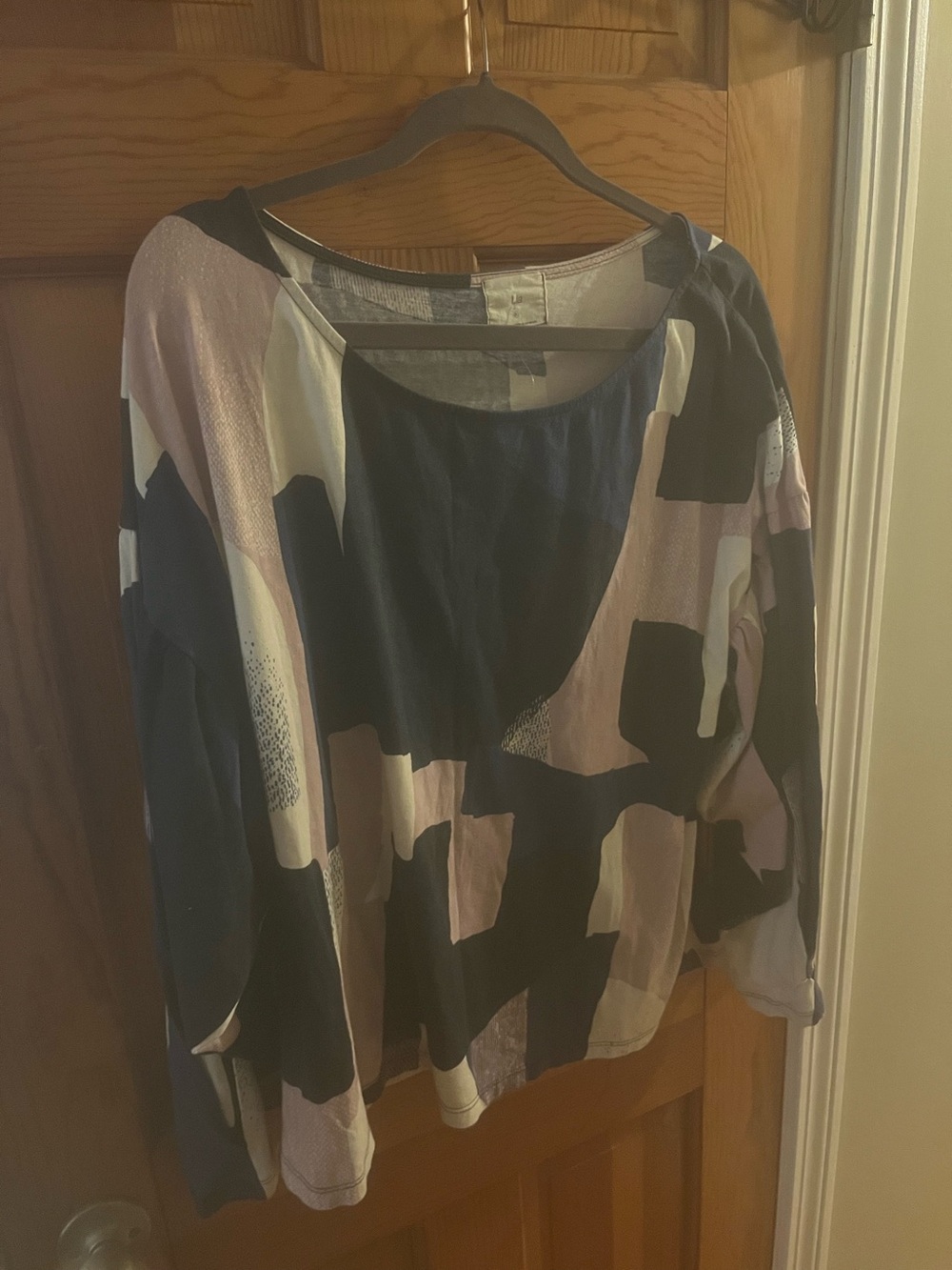 Lia Abstract Block Print Long Sleeve Top in Navy, Blush & White